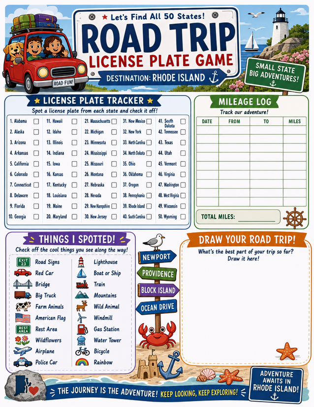 Rhode Island License Plate Game Printable, Newport and Block Island Edition