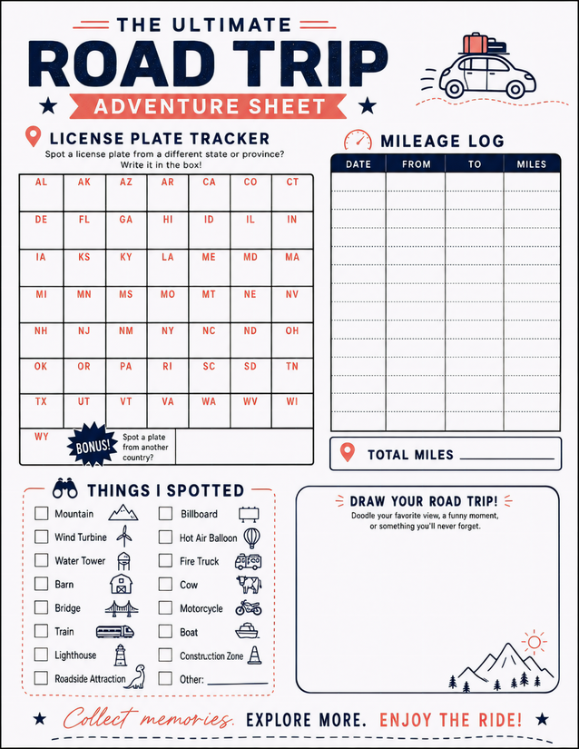 Road Trip Adventure Sheet, Four Activities on One Page