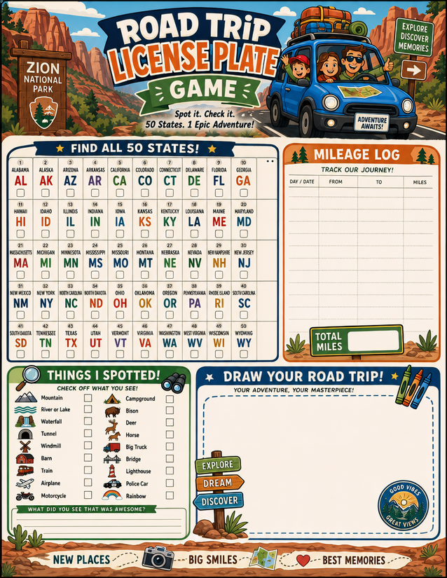 Road Trip License Plate Game, Four Sections Including Mileage Log