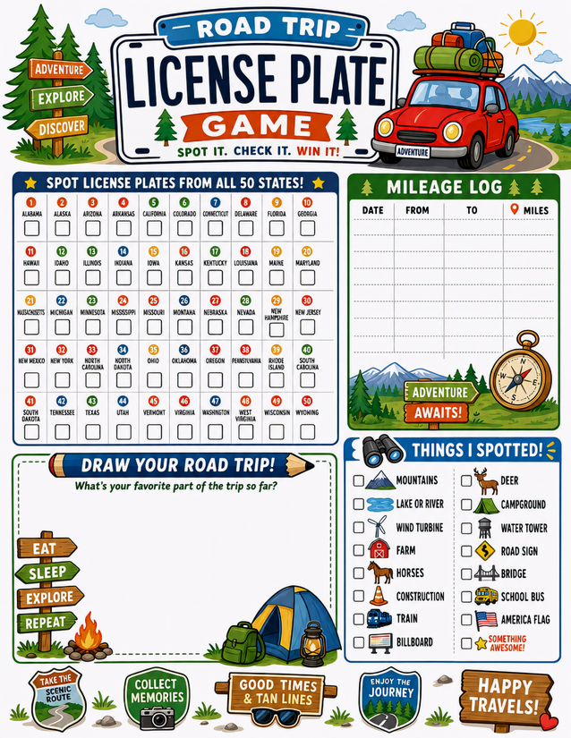 Road Trip License Plate Game Printable, All 50 States Plus Mileage Log