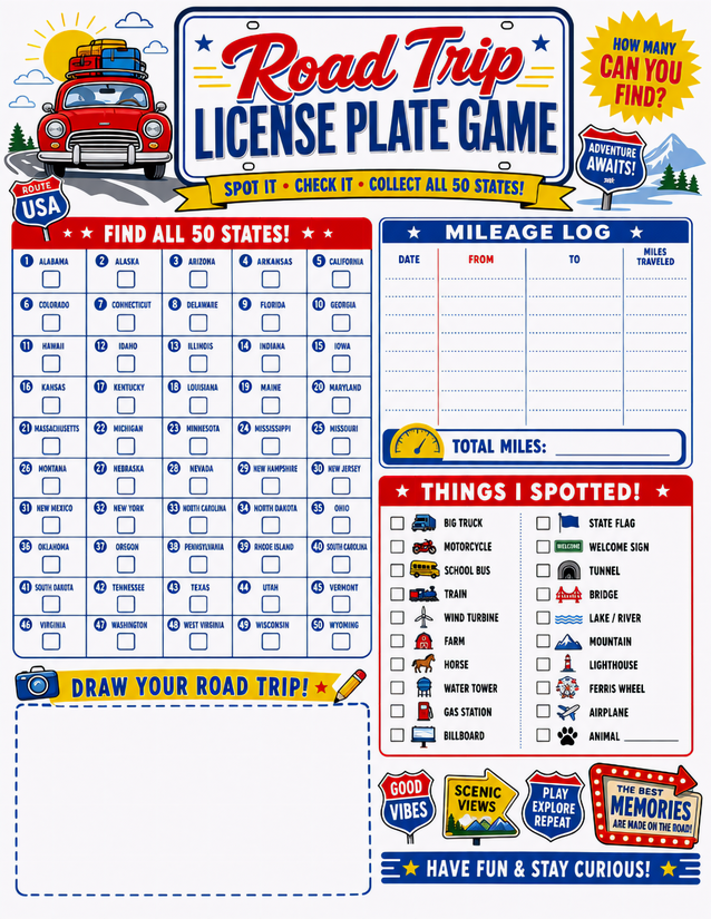 Road Trip Tracker Printable, All 50 States Plus Mileage Log