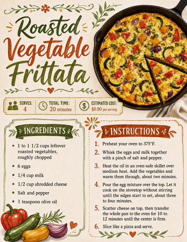 Roasted Vegetable Frittata Recipe Card, Ninety Cents a Serving