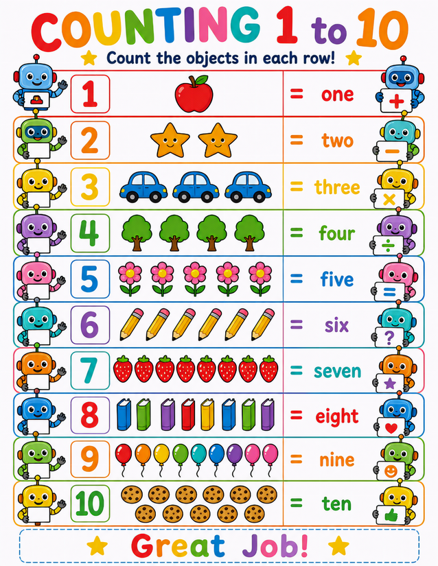 Robot Counting 1 to 10 Worksheet, Kawaii Bots and Bright Objects