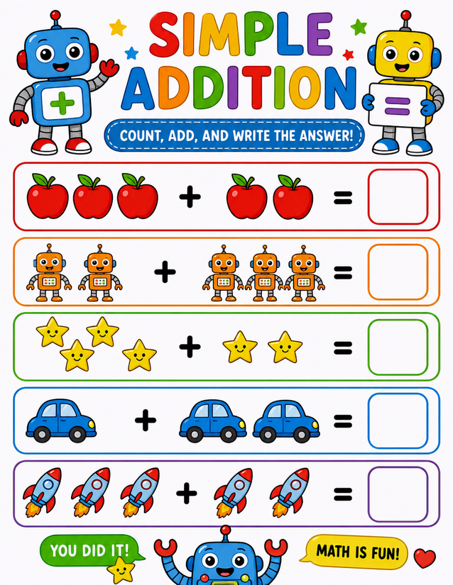Robot Math Addition Worksheet, Apples, Stars, Cars, and Rockets