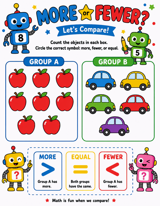 Robot More or Fewer Worksheet, Apples vs. Cars Comparison