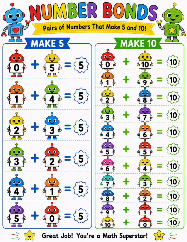 Robot Number Bonds Worksheet, Make 5 and Make 10
