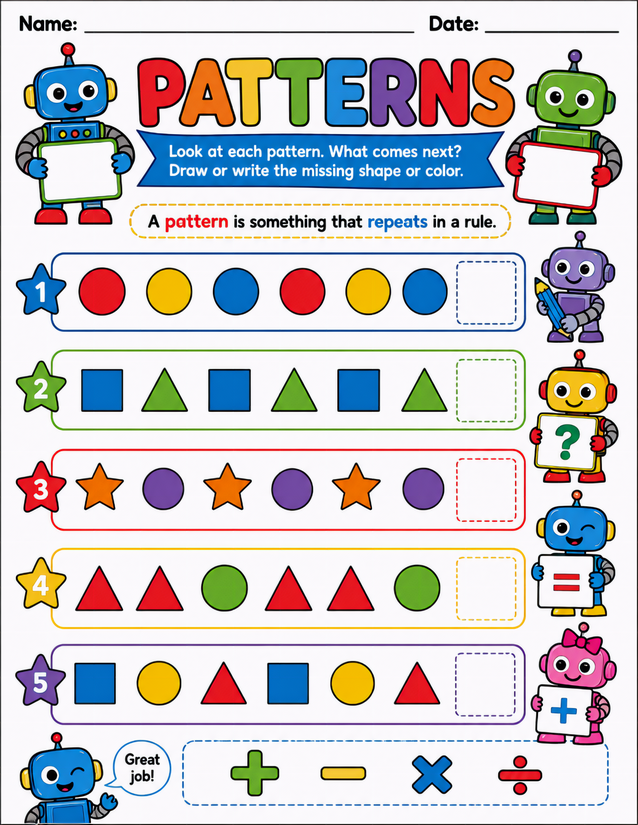 Robot Patterns Worksheet, Five Shape and Color Sequences