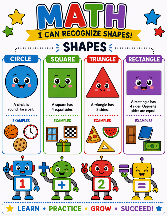Robot Shape Recognition Worksheet, Circle Square Triangle Rectangle