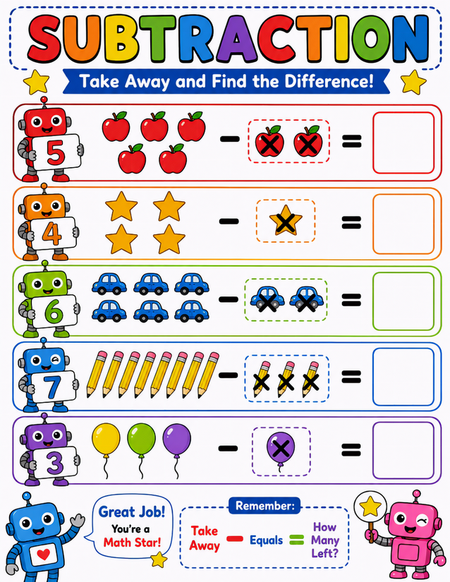 Robot Subtraction Worksheet, Apples Stars Cars Pencils Balloons