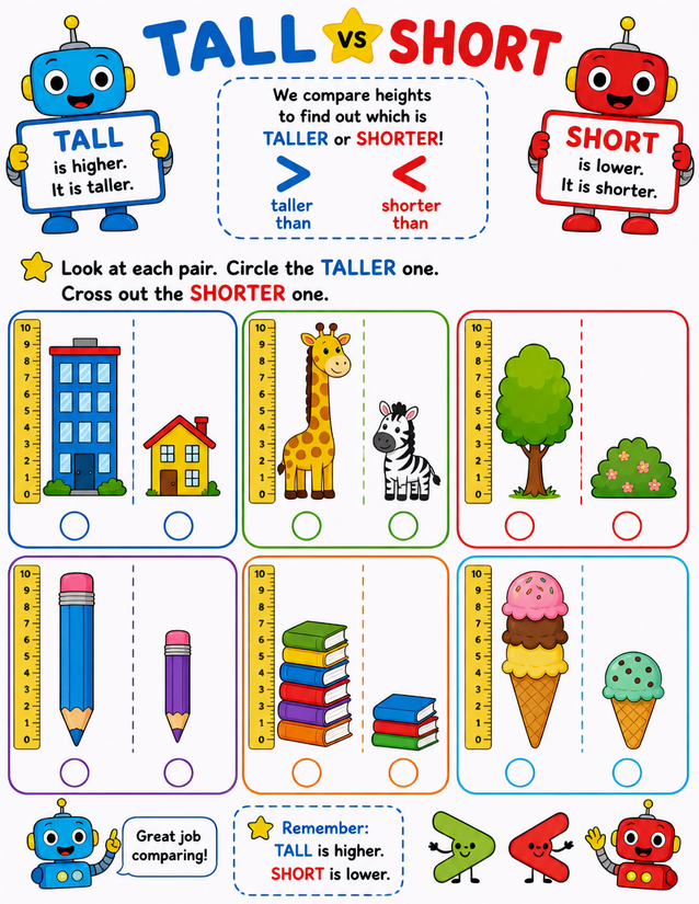 Robot Tall or Short Worksheet, Six Illustrated Pairs