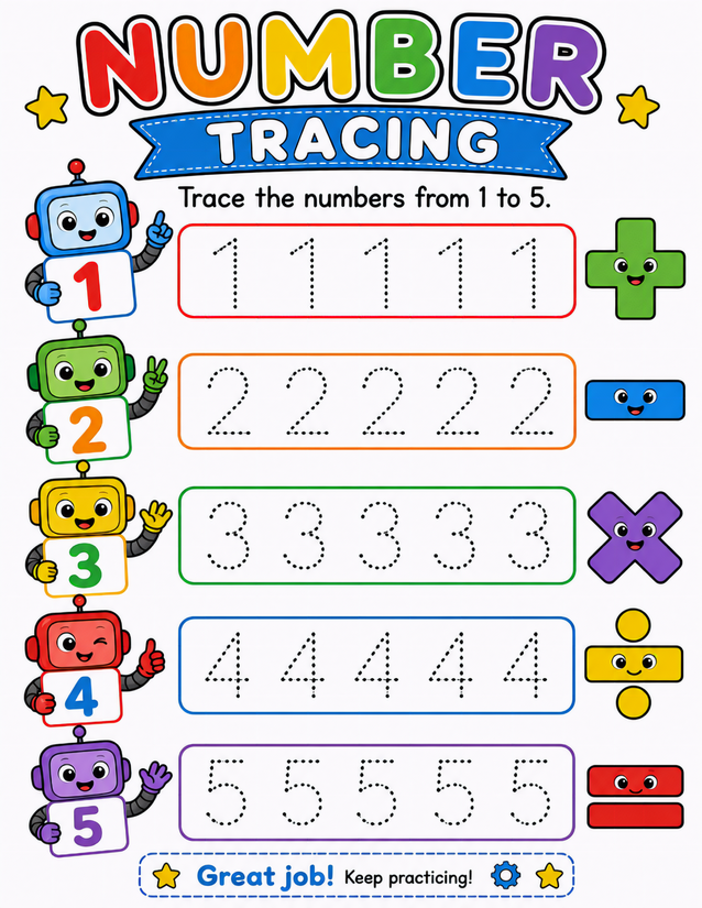 Robot Trace the Numbers 1-5 Worksheet