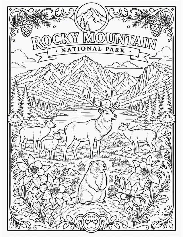 Rocky Mountain National Park Coloring Page, Elk and Marmot