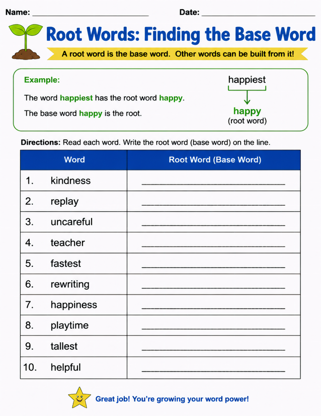 Root Words Finding the Base Word Worksheet