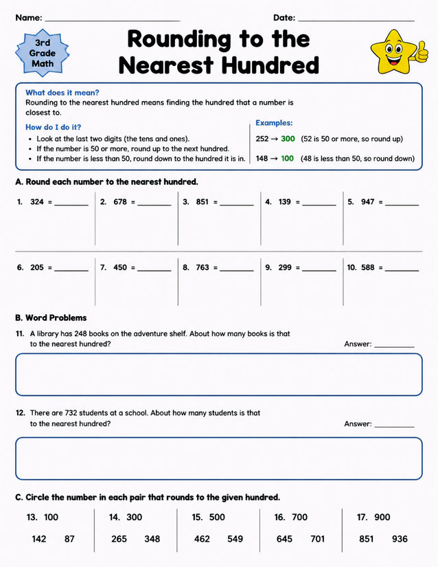 Rounding to the Nearest Hundred Worksheet, 3rd Grade Math