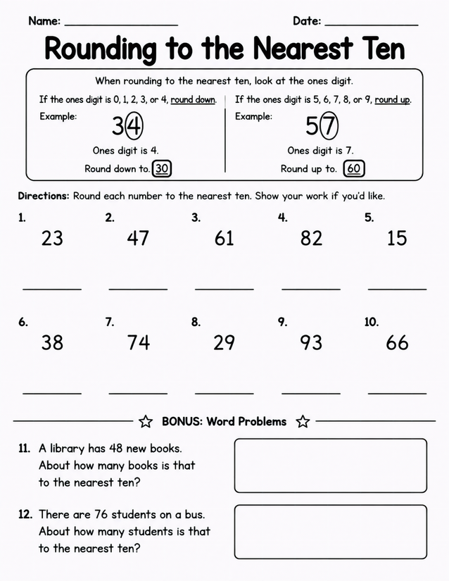 Rounding to the Nearest Ten Worksheet with Word Problems