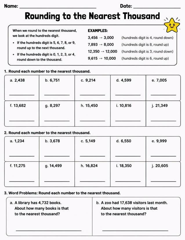 Rounding to the Nearest Thousand Worksheet, Grades 4-5