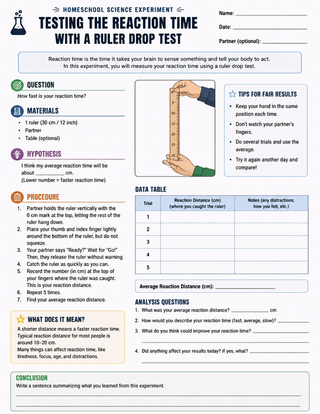 Ruler Drop Reaction Time Test, Homeschool Science Lab Sheet