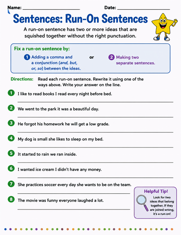 Run-On Sentences Worksheet, 8 Practice Problems
