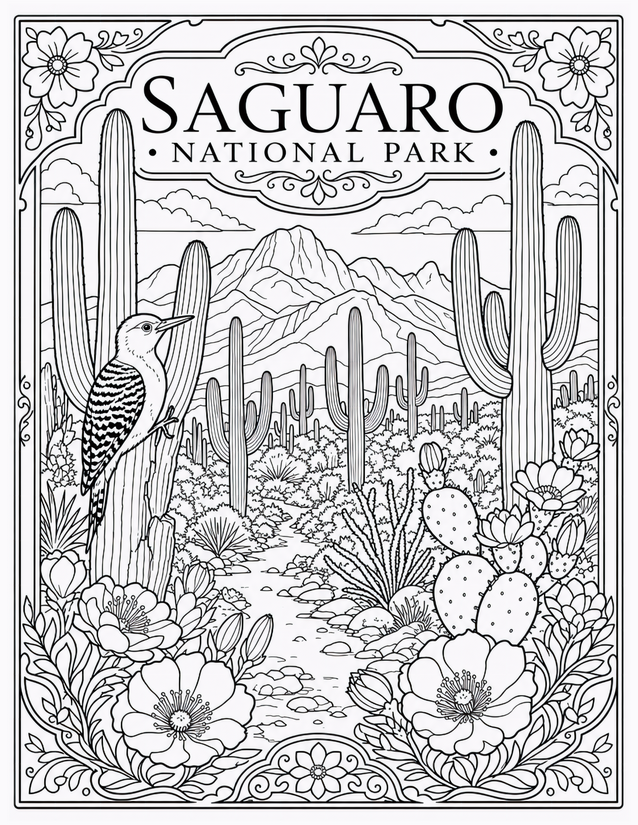 Saguaro National Park Coloring Page, Gila Woodpecker and Desert Blooms