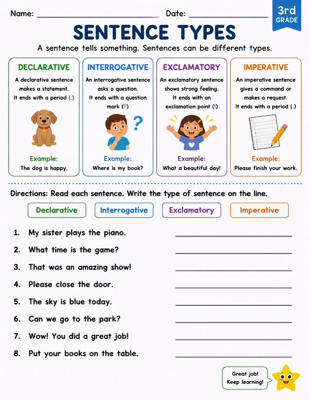 Sentence Types Worksheet, 3rd Grade Practice with 4 Types