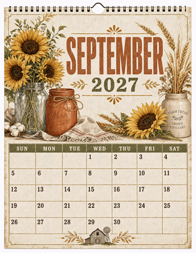 September 2027 Calendar Printable, Farmhouse Mason Jars and Sunflowers