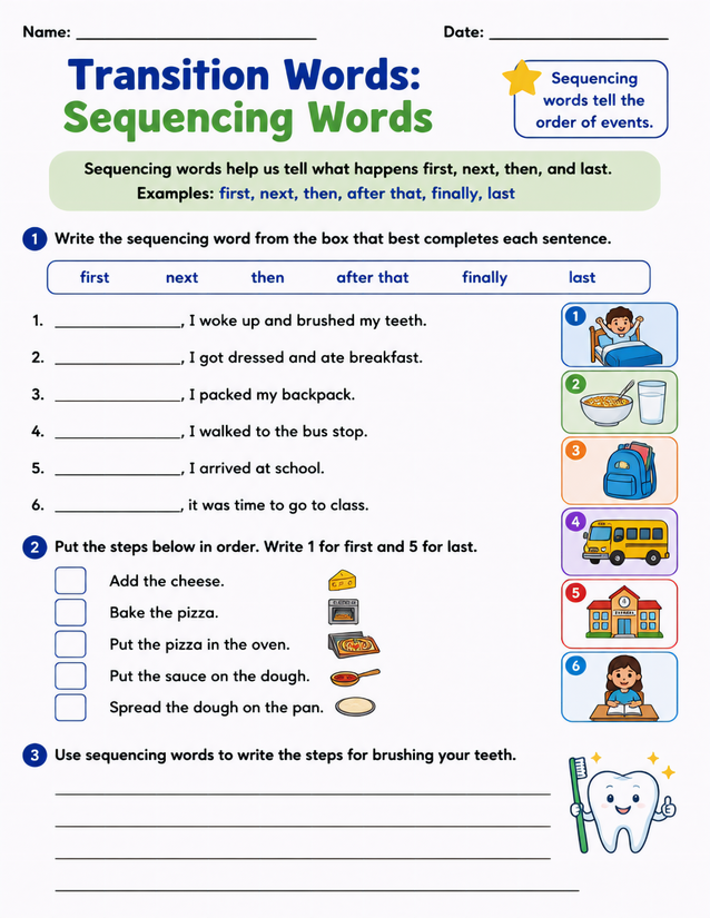 Sequencing Words Worksheet, Morning Routine and Pizza Steps