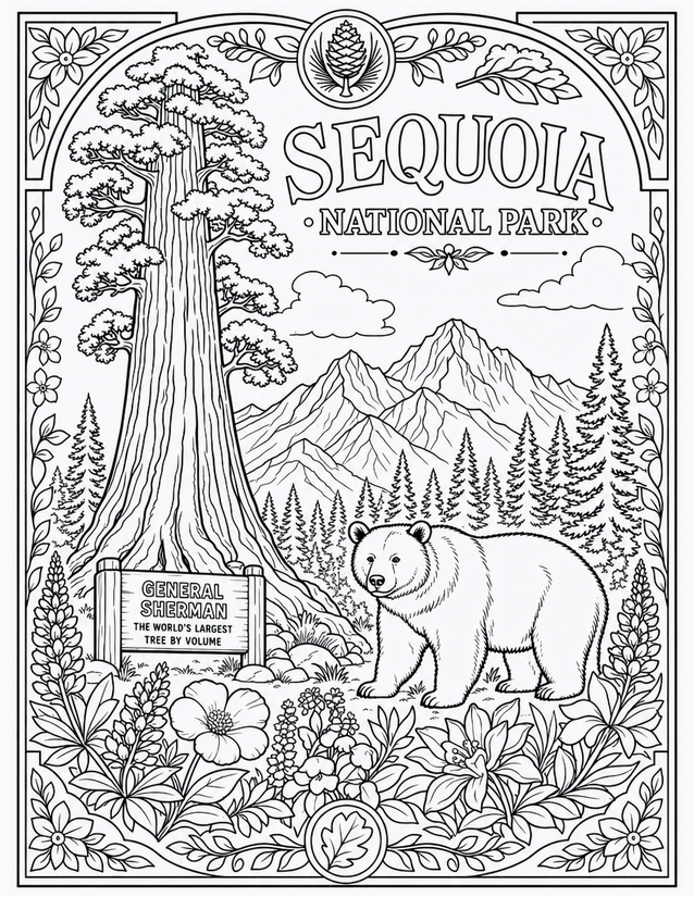 Sequoia National Park Coloring Page, Bear and General Sherman Tree