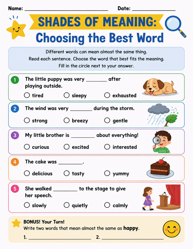 Shades of Meaning Choosing the Best Word Worksheet