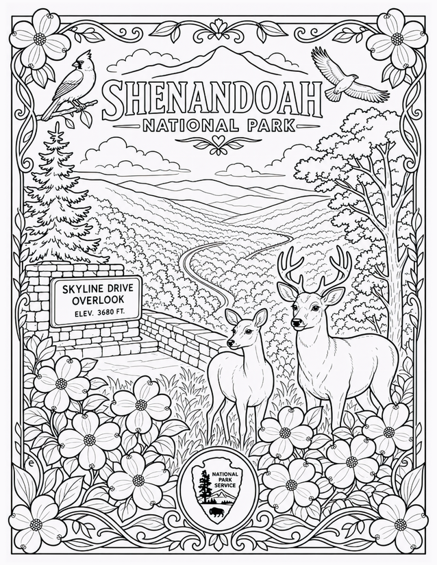 Shenandoah National Park Coloring Page, Skyline Drive Overlook and Deer