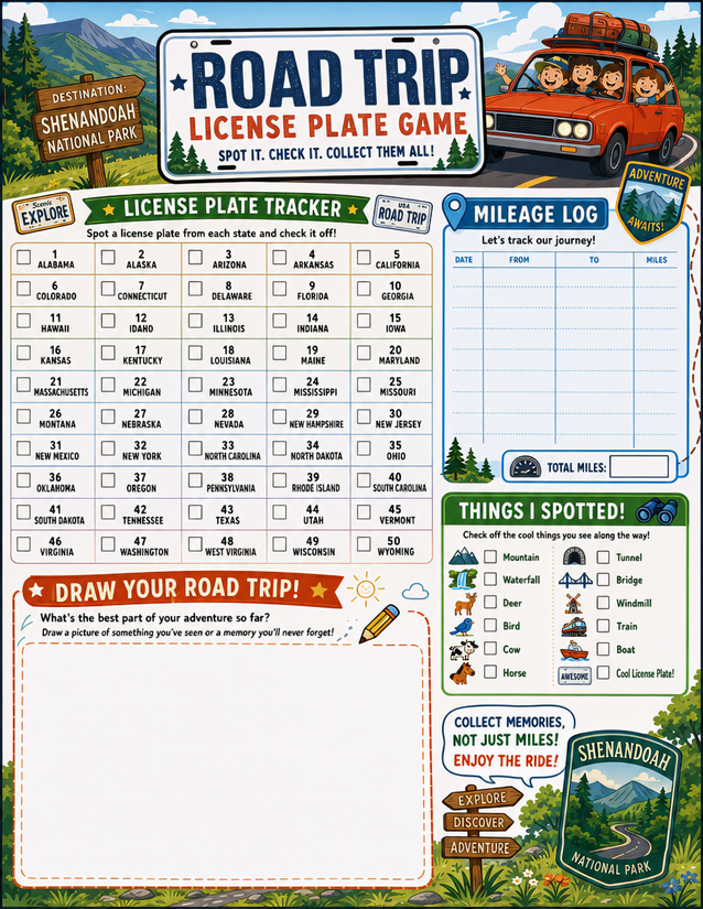 Shenandoah Road Trip Game Printable, Four Activities on One Sheet
