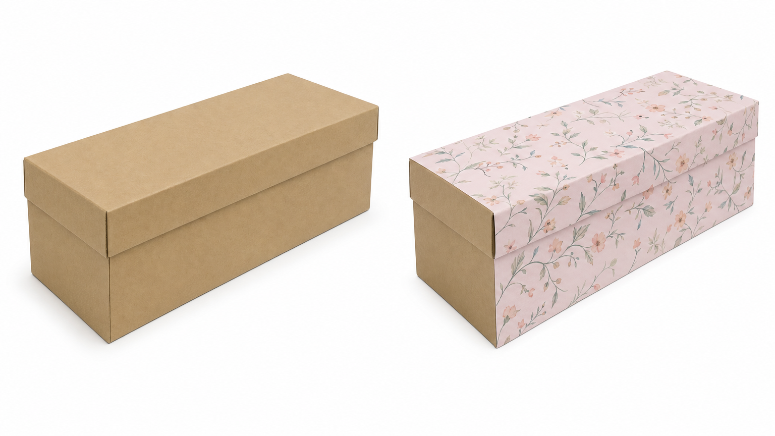 Two rectangular shoe boxes side by side: one plain kraft brown, one blush pink with watercolor floral vine pattern.