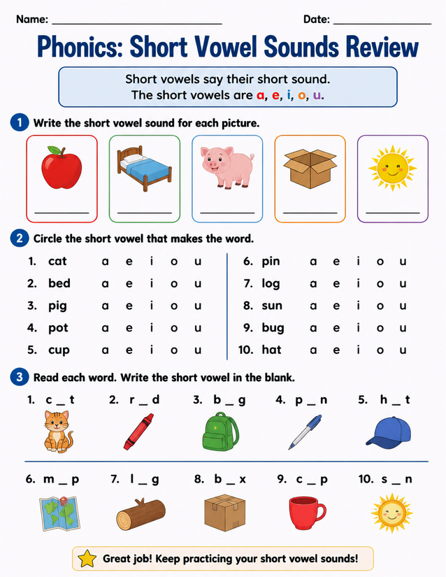 Short Vowel Sounds Review Worksheet, Three Activities