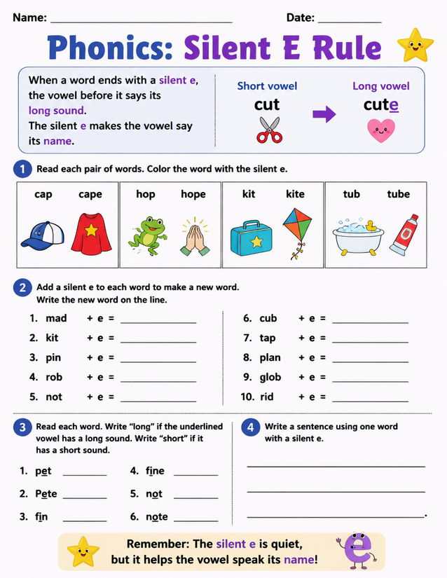 Silent E Rule Worksheet, Four Practice Activities