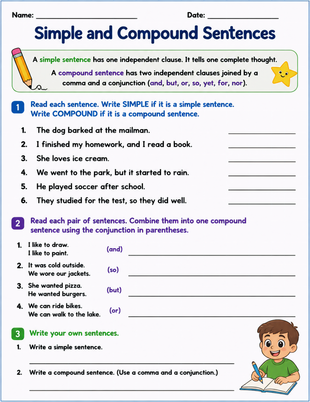 Simple and Compound Sentences Worksheet, Three Exercises