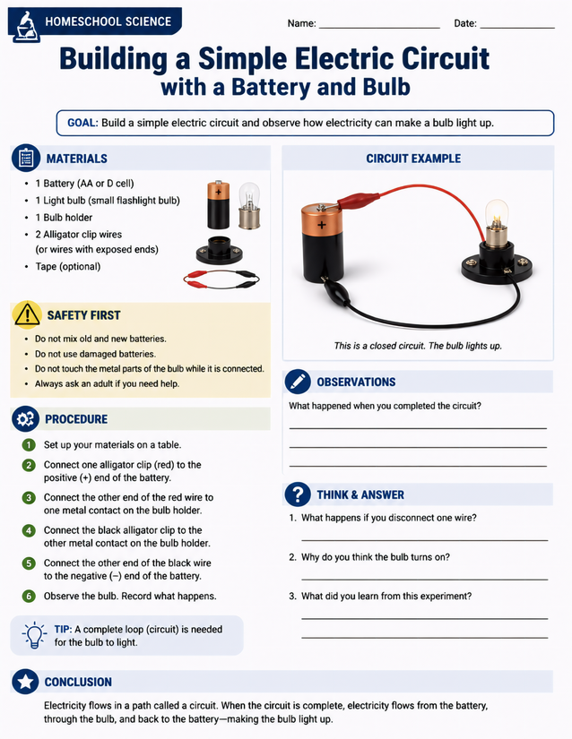 Simple Electric Circuit with a Battery and Bulb Lab Sheet