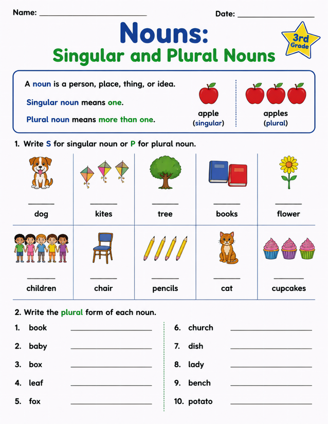 Singular and Plural Nouns Worksheet, 3rd Grade