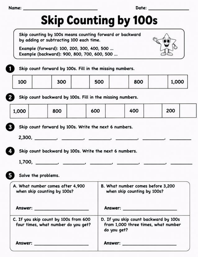 Skip Counting by 100s Worksheet, Forward and Backward