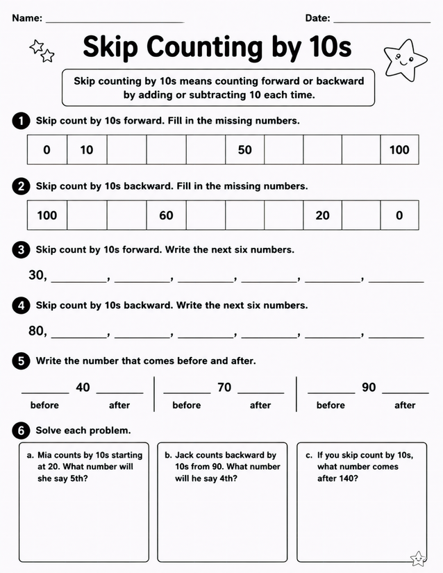 Skip Counting by 10s Worksheet, Forward and Backward Practice