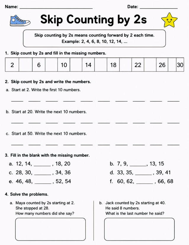 Skip Counting by 2s Worksheet, Four Activity Types