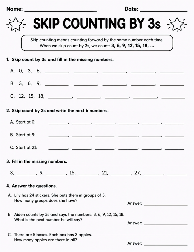 Skip Counting by 3s Worksheet, Four Exercise Formats