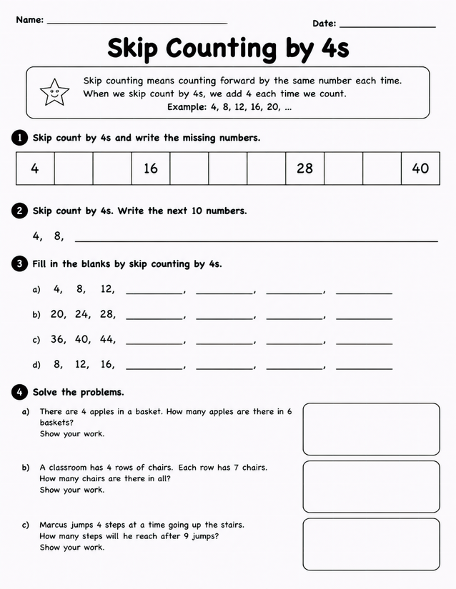 Skip Counting by 4s Worksheet, Four Exercise Formats