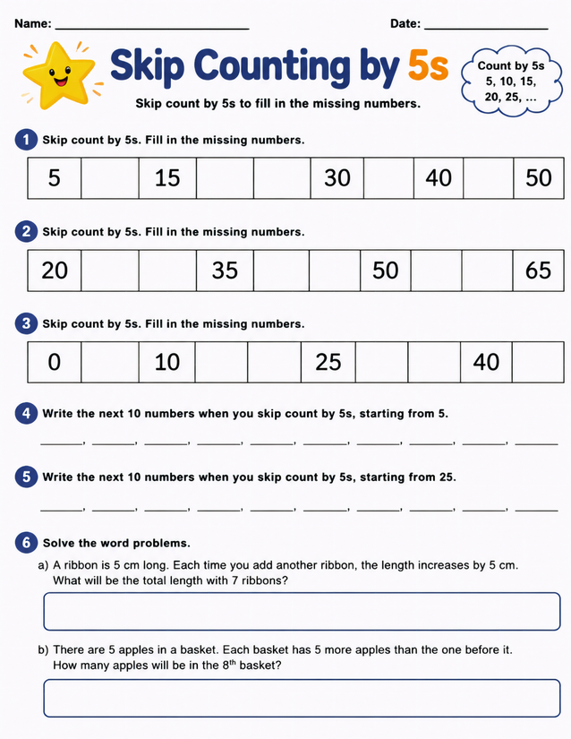 Skip Counting by 5s Worksheet, Fill-In and Word Problems