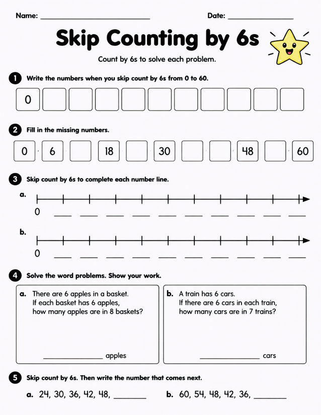 Skip Counting by 6s Worksheet, Five Exercise Types