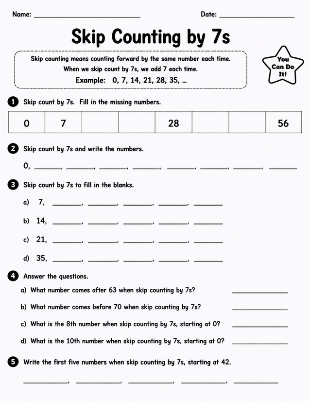 Skip Counting by 7s Worksheet, Five Exercise Types