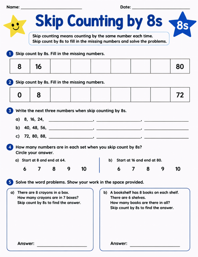 Skip Counting by 8s Worksheet, Five Exercise Types