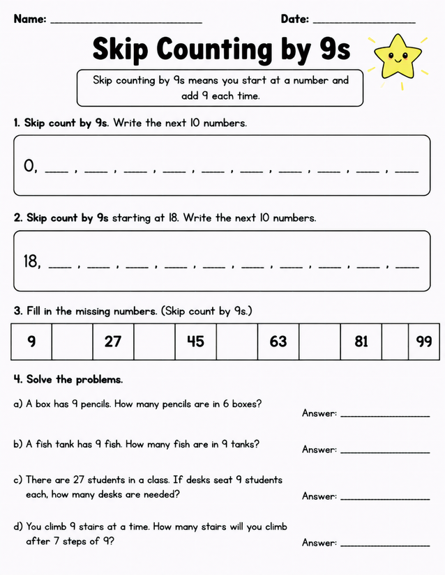 Skip Counting by 9s Worksheet, Four Exercise Formats