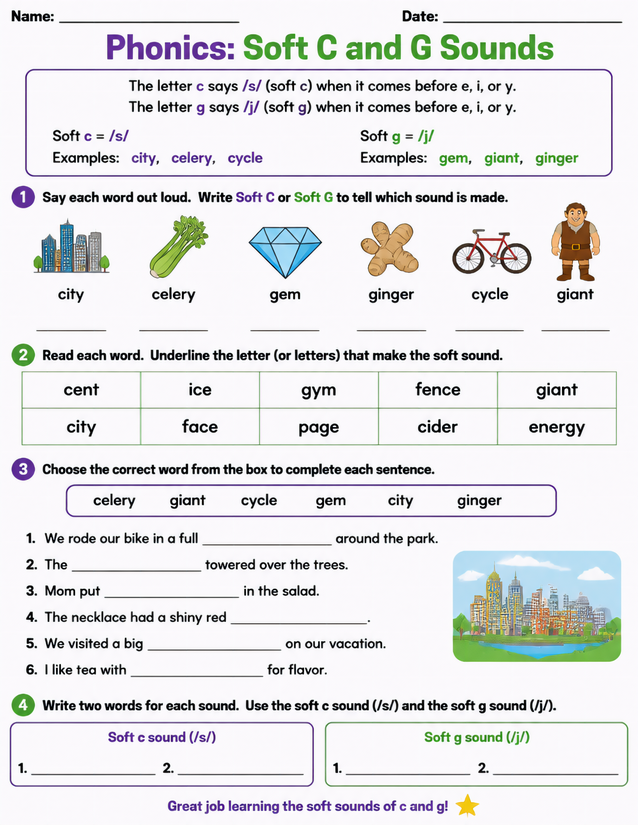 Soft C and G Sounds Worksheet, Four Activities