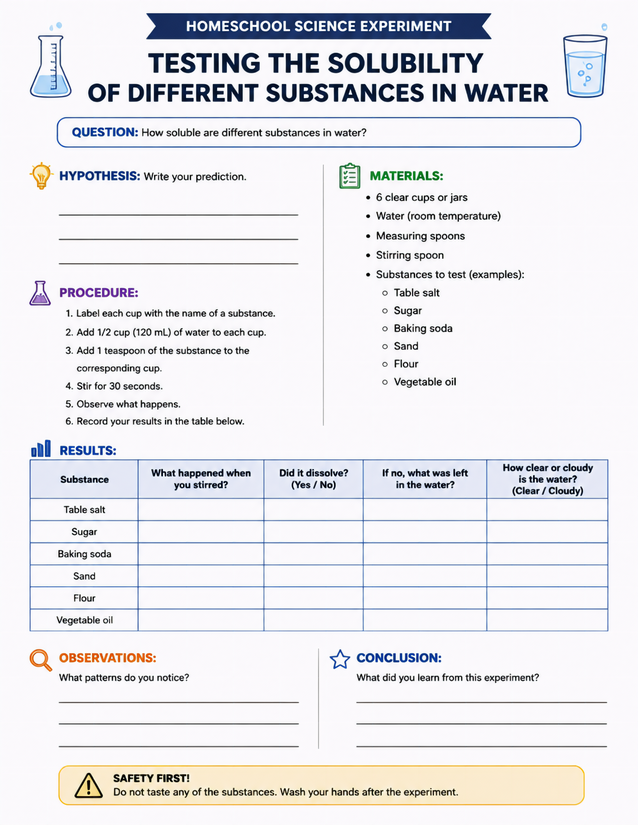 Solubility of Different Substances in Water Lab Sheet