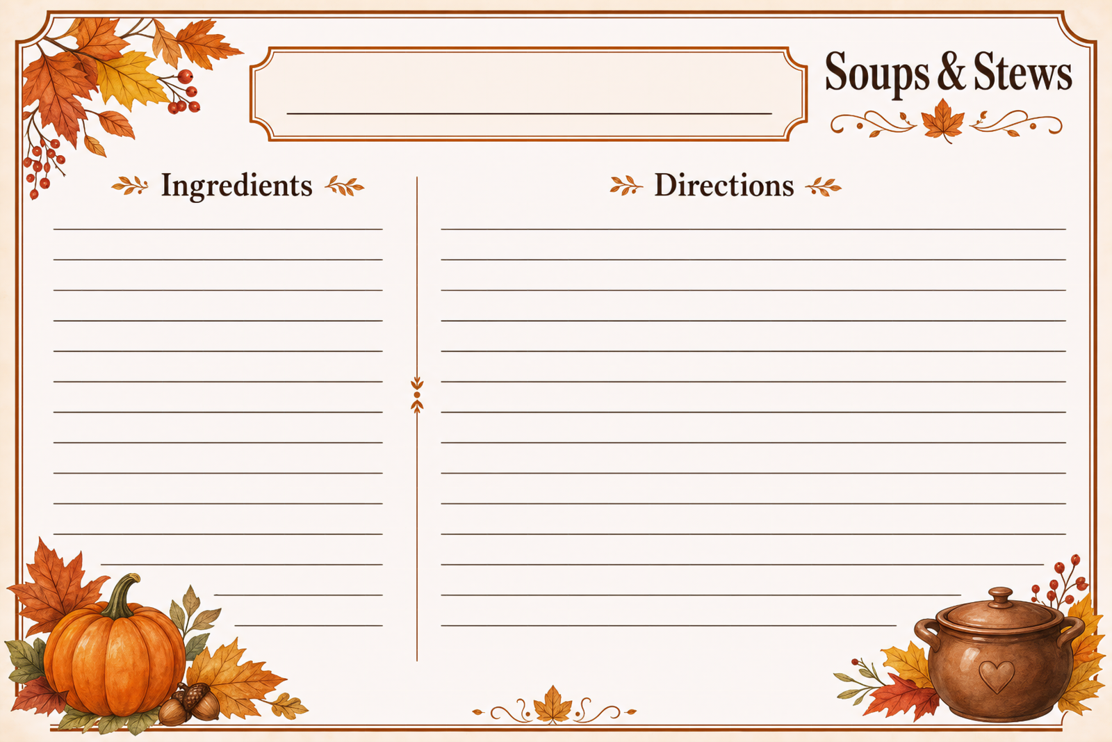 Soups and Stews Recipe Card, Pumpkin and Crock Illustration