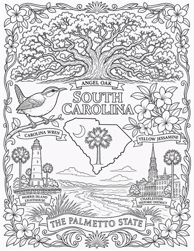 South Carolina Coloring Page, Angel Oak, Wren, and Lighthouse